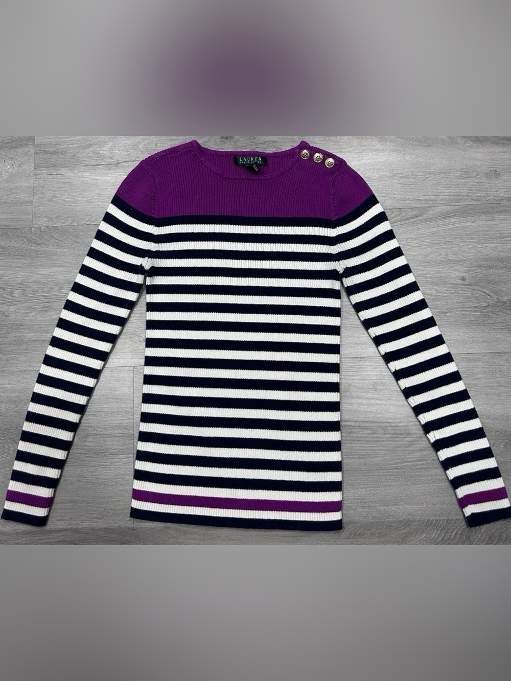 Lauren Ralph Lauren Purple Striped Ribbed Sweater Gold Button Shoulder Size S